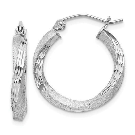 Rhodium-plated Sterling Silver Satin Diamond-cut Twisted 3x20mm Hoop Earrings