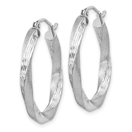 Rhodium-plated Sterling Silver Satin Diamond-cut Twisted 3x25mm Hoop Earrings