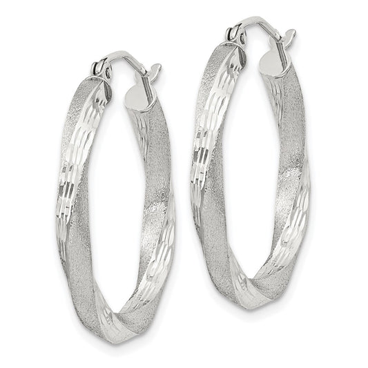 Sterling Silver Satin Diamond-cut Twisted 3x25mm Hoop Earrings