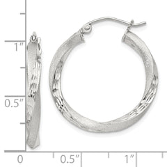 Sterling Silver Satin Diamond-cut Twisted 3x25mm Hoop Earrings