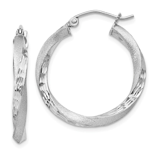 Rhodium-plated Sterling Silver Satin Diamond-cut Twisted 3x25mm Hoop Earrings