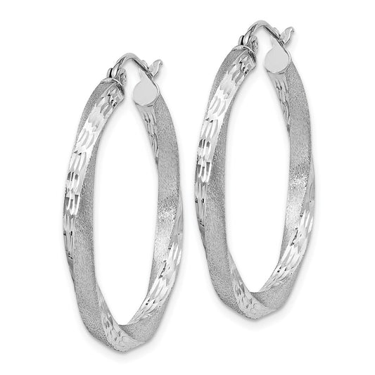 Rhodium-plated Sterling Silver Satin Diamond-cut Twisted 3x30mm Hoop Earrings