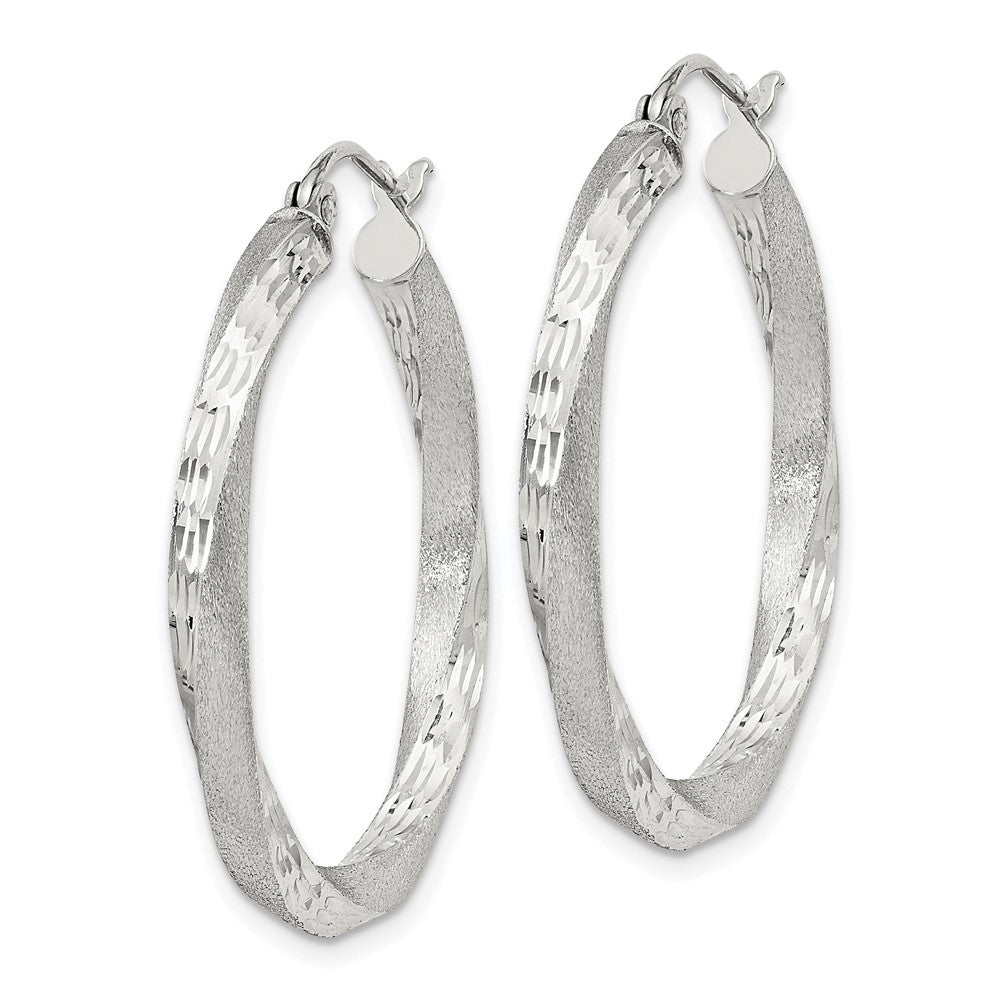 Sterling Silver Satin Diamond-cut Twisted 3x30mm Hoop Earrings