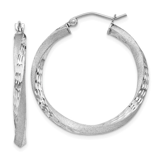 Rhodium-plated Sterling Silver Satin Diamond-cut Twisted 3x30mm Hoop Earrings