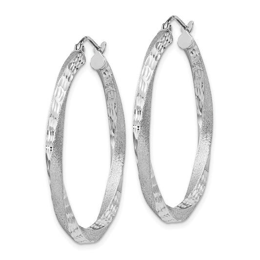 Rhodium-plated Sterling Silver Satin Diamond-cut Twisted 3x35mm Hoop Earrings