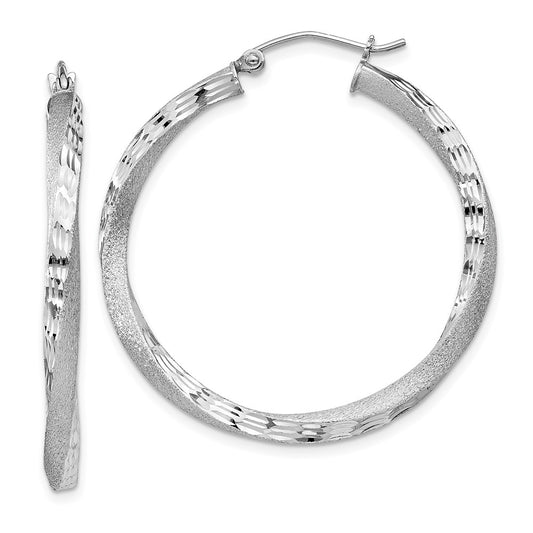 Rhodium-plated Sterling Silver Satin Diamond-cut Twisted 3x35mm Hoop Earrings