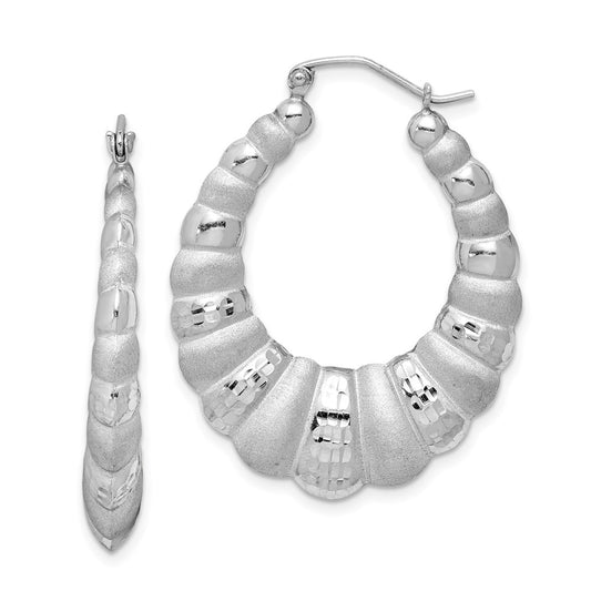 Rhodium-plated Sterling Silver Diamond-cut Scalloped Hoop Earrings