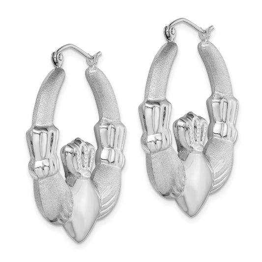 Rhodium-plated Sterling Silver Polished Satin Claddagh Hoop Earrings