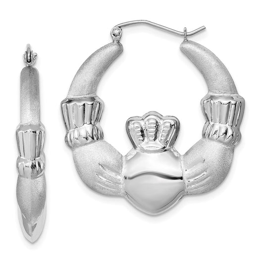 Rhodium-plated Sterling Silver Polished Satin Claddagh Hoop Earrings