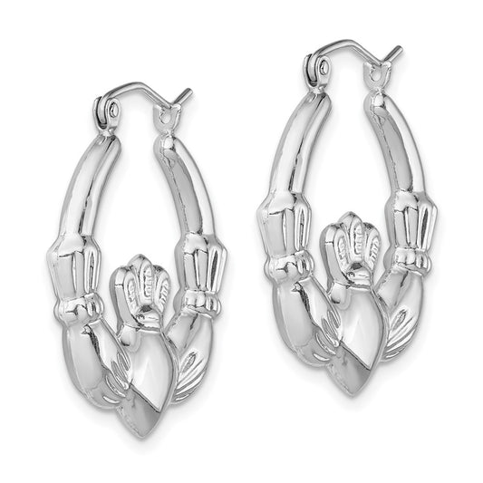 Rhodium-plated Sterling Silver Polished Claddagh Hoop Earrings