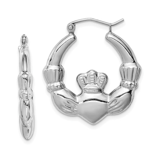 Rhodium-plated Sterling Silver Polished Claddagh Hoop Earrings