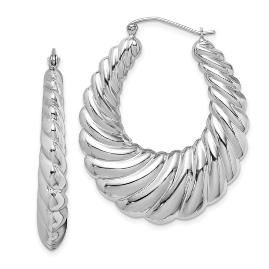 Rhodium-plated Sterling Silver Fancy Shrimp Hoop Earrings