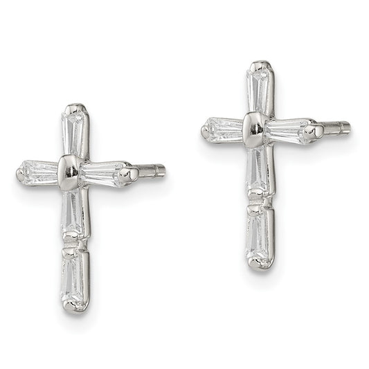 Rhodium-plated Sterling Silver CZ Cross Post Earrings