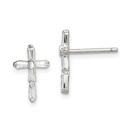 Rhodium-plated Sterling Silver CZ Cross Post Earrings