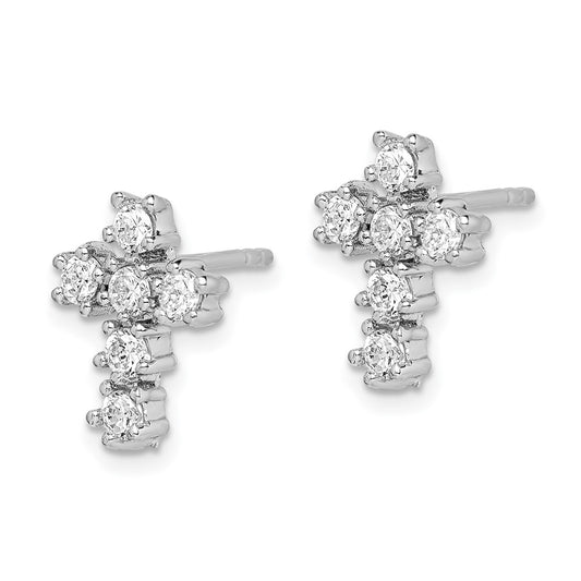 Rhodium-plated Sterling Silver CZ Cross Post Earrings