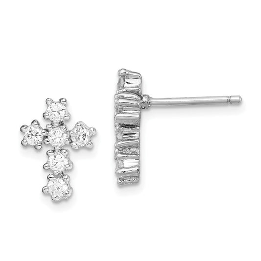 Rhodium-plated Sterling Silver CZ Cross Post Earrings