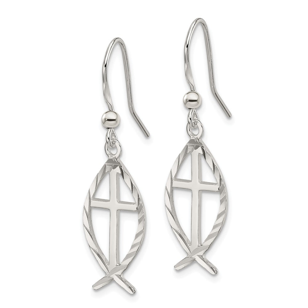 Sterling Silver Diamond-cut Cross with Fish Earrings