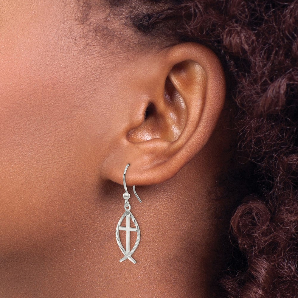 Sterling Silver Diamond-cut Cross with Fish Earrings