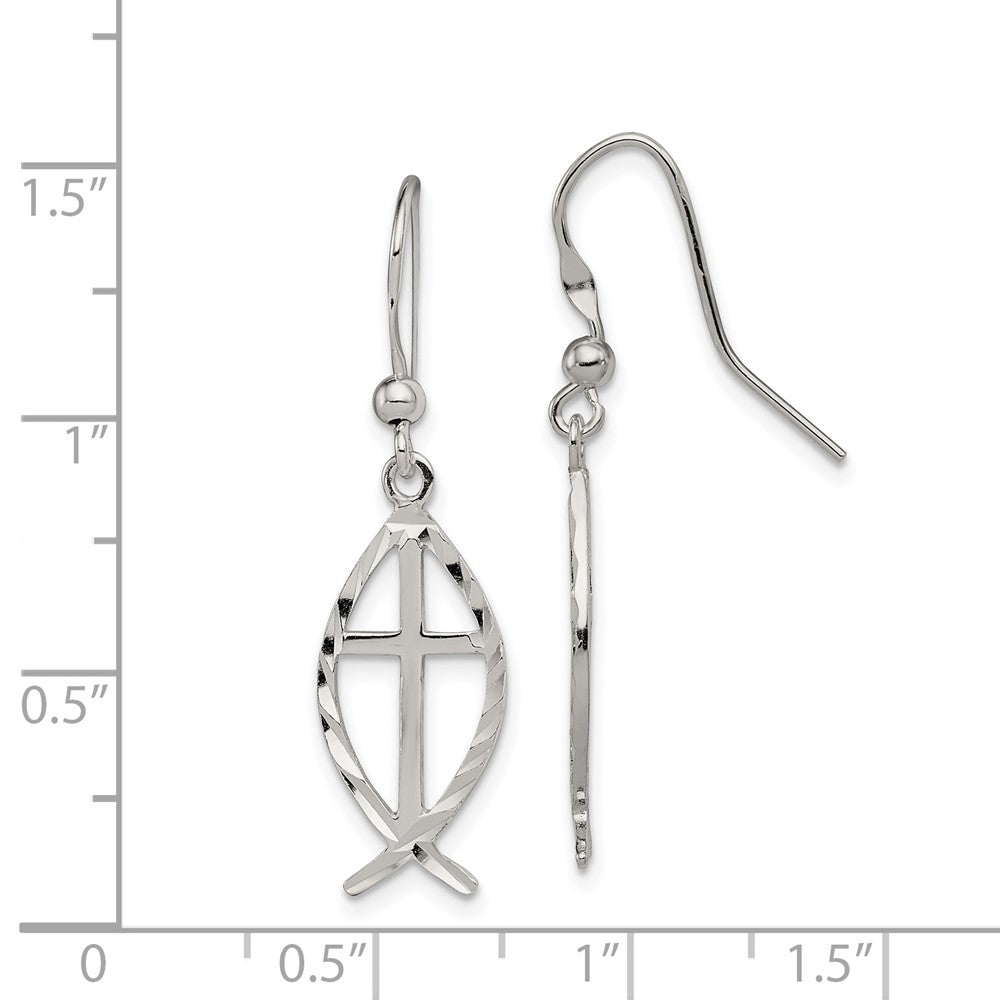 Sterling Silver Diamond-cut Cross with Fish Earrings