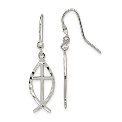 Sterling Silver Diamond-cut Cross with Fish Earrings