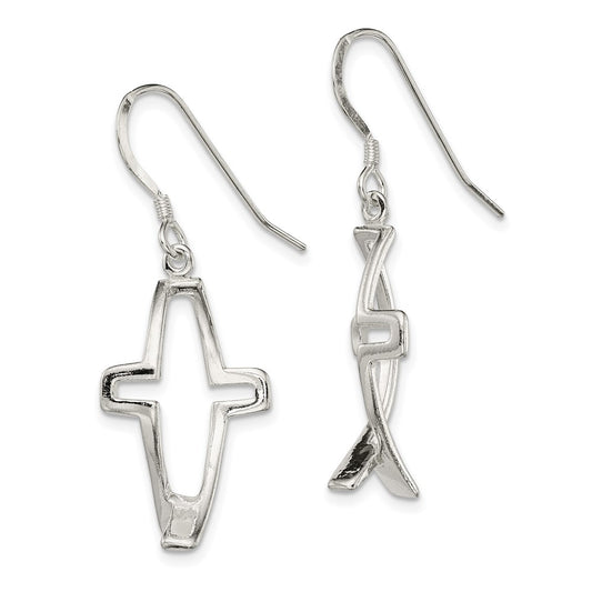 Sterling Silver Cross Ichthus Dangle Earrings