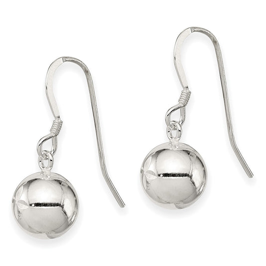 Sterling Silver 10mm Diamond-cut Bead Dangle Earrings