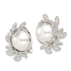 Sterling Silver CZ Simulated Pearl Non-pierced Earrings