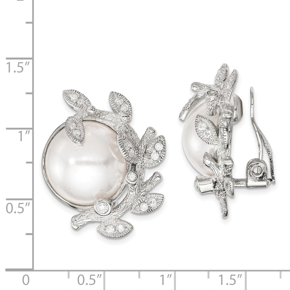 Sterling Silver CZ Simulated Pearl Non-pierced Earrings