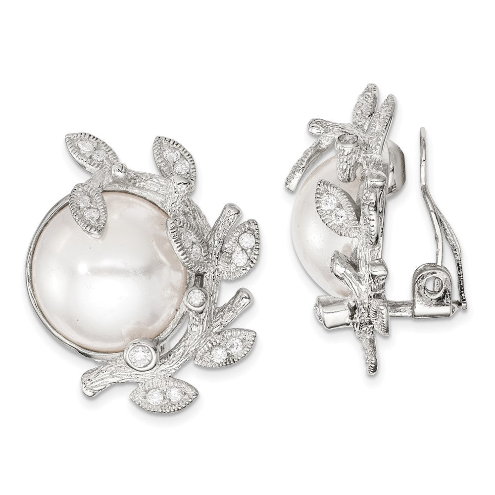 Sterling Silver CZ Simulated Pearl Non-pierced Earrings