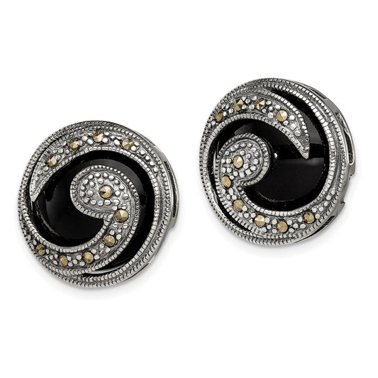 Sterling Silver Onyx and Marcasite Post Earrings