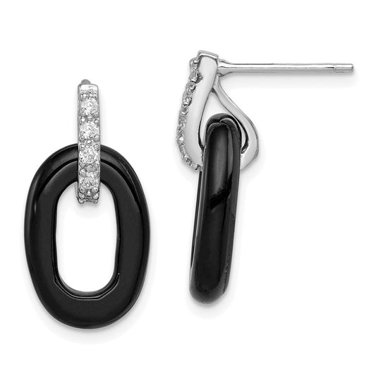 Rhodium-plated Sterling Silver Onyx and CZ Earrings