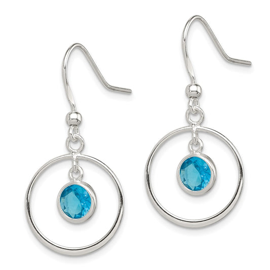 Sterling Silver Circle Dangle Blue CZ Earrings