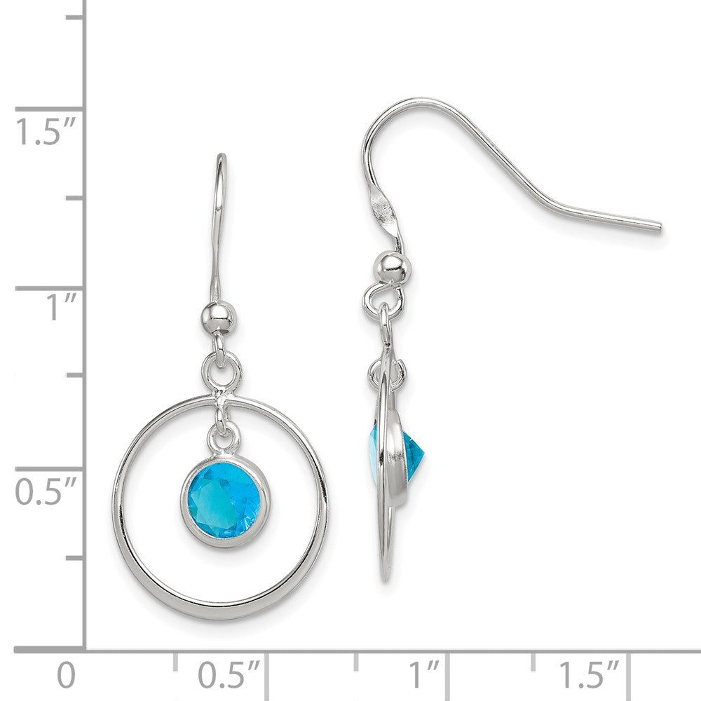 Sterling Silver Circle Dangle Blue CZ Earrings