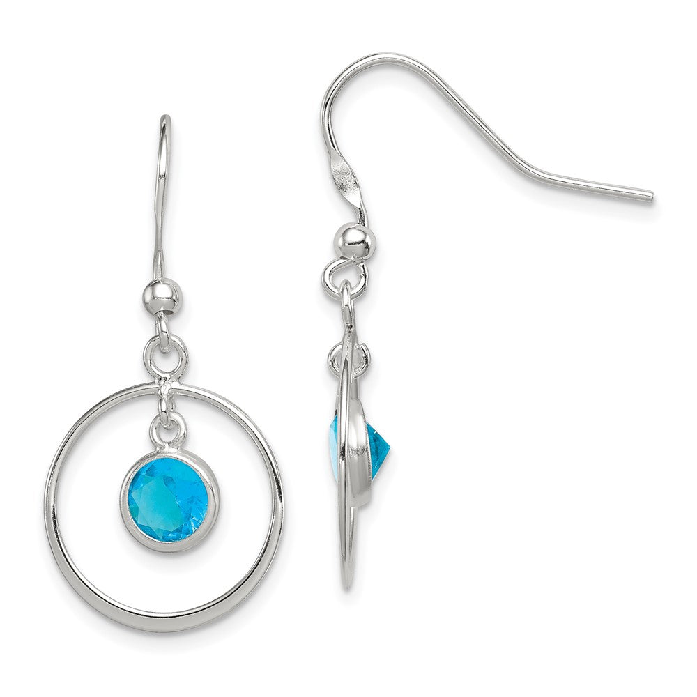 Sterling Silver Circle Dangle Blue CZ Earrings