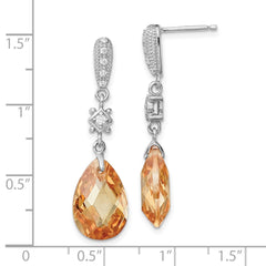 Rhodium-plated Sterling Silver Champagne CZ Dangle Post Earrings