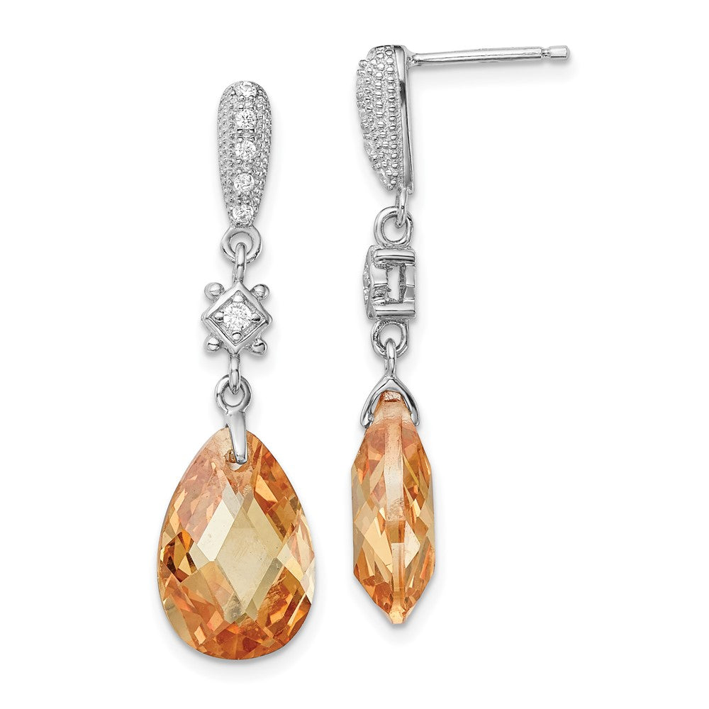 Rhodium-plated Sterling Silver Champagne CZ Dangle Post Earrings