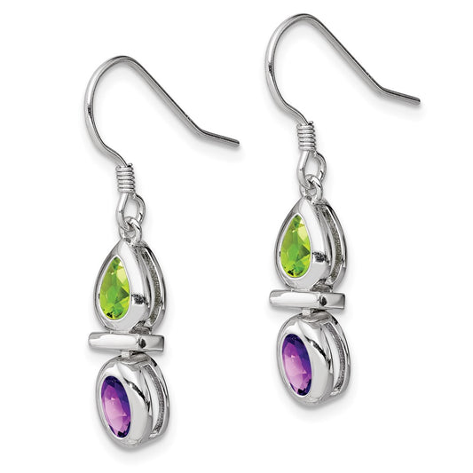 Rhodium-plated Sterling Silver Peridot and Amethyst Dangle Earrings