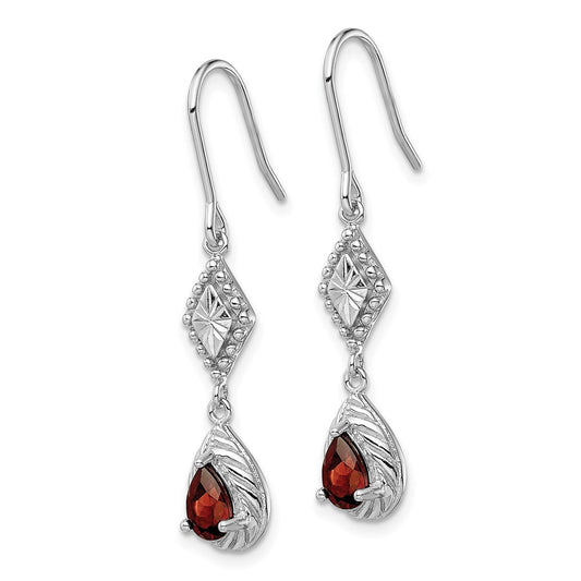 Rhodium-plated Sterling Silver Dark Red CZ Dangle Earrings