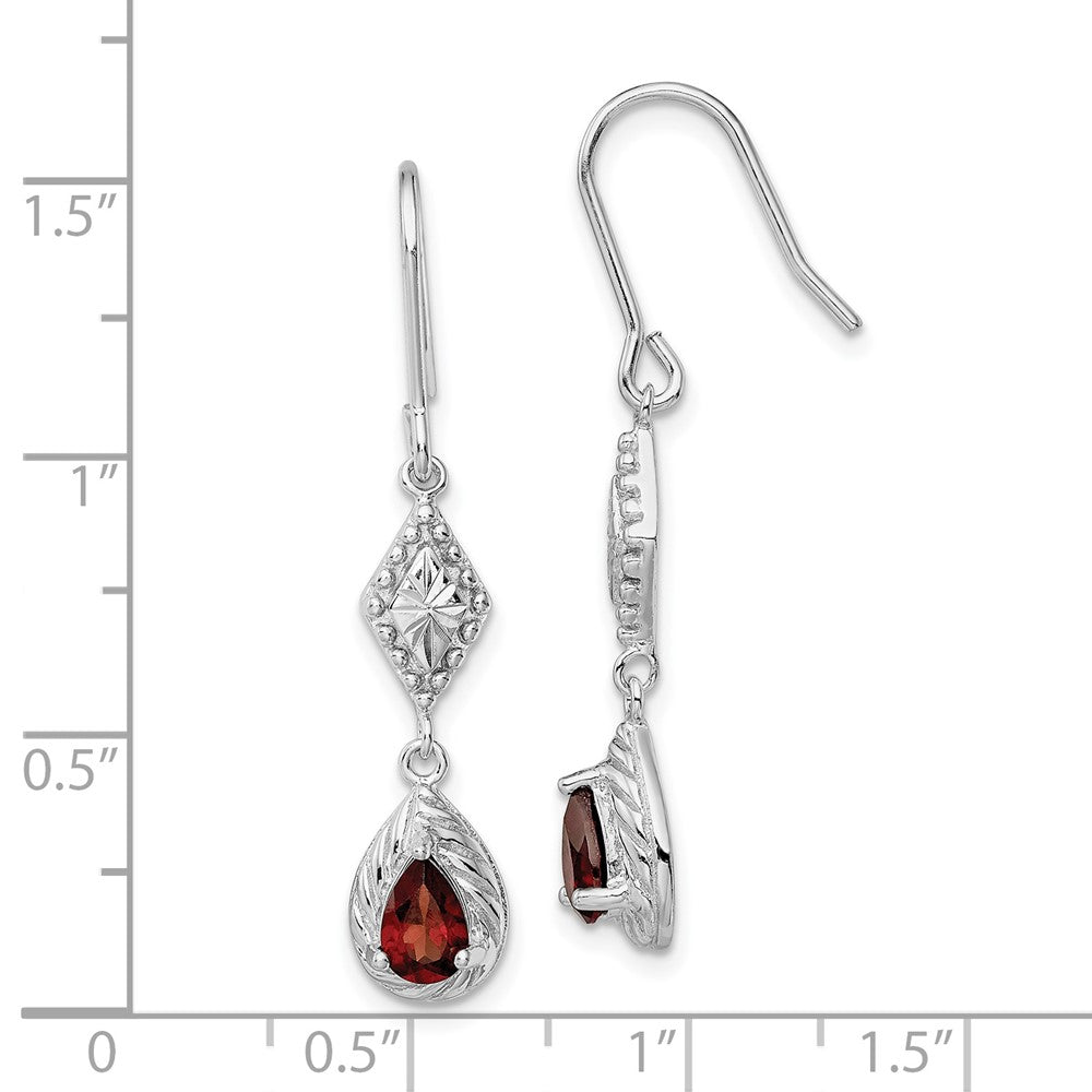 Rhodium-plated Sterling Silver Dark Red CZ Dangle Earrings