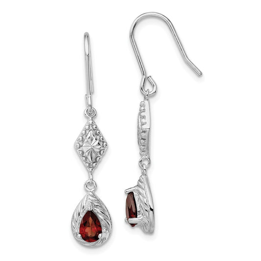 Rhodium-plated Sterling Silver Dark Red CZ Dangle Earrings