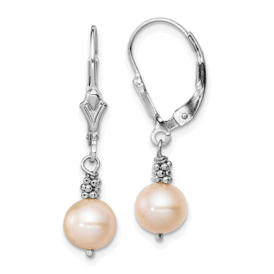 Rhodium-plated Sterling Silver Pink Near-round FWC Pearl Earrings