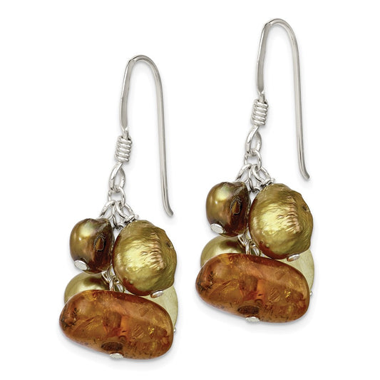 Sterling Silver Amber Citrine and Copper FWC Pearl Earrings