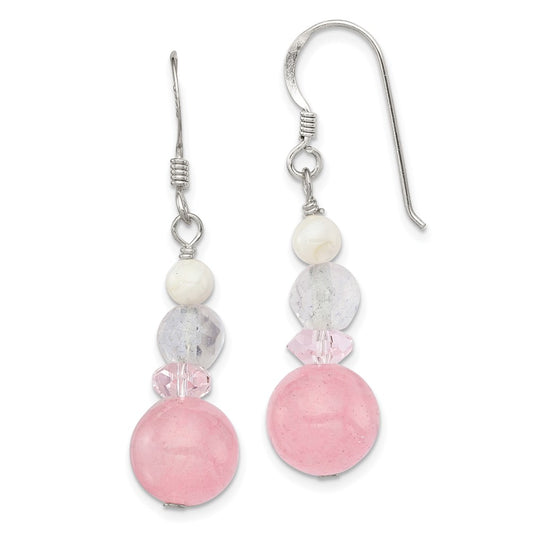 Sterling Silver Pink Crystal Jade Mother of Pearl Dangle Earrings