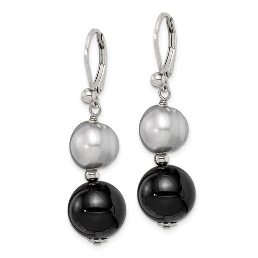 Sterling Silver 12mm Black Agate 10mm FWC Grey Pearl Earrings