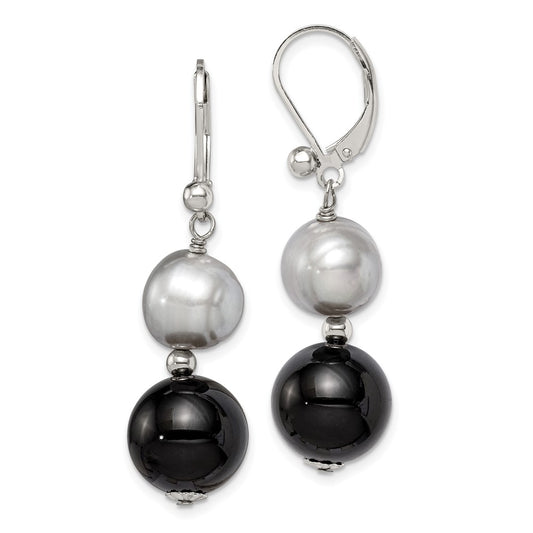 Sterling Silver 12mm Black Agate 10mm FWC Grey Pearl Earrings