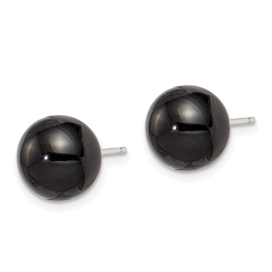 Sterling Silver 10-10.5mm Button Black Agate Post Earrings