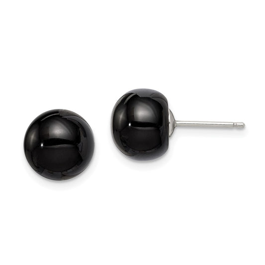 Sterling Silver 10-10.5mm Button Black Agate Post Earrings