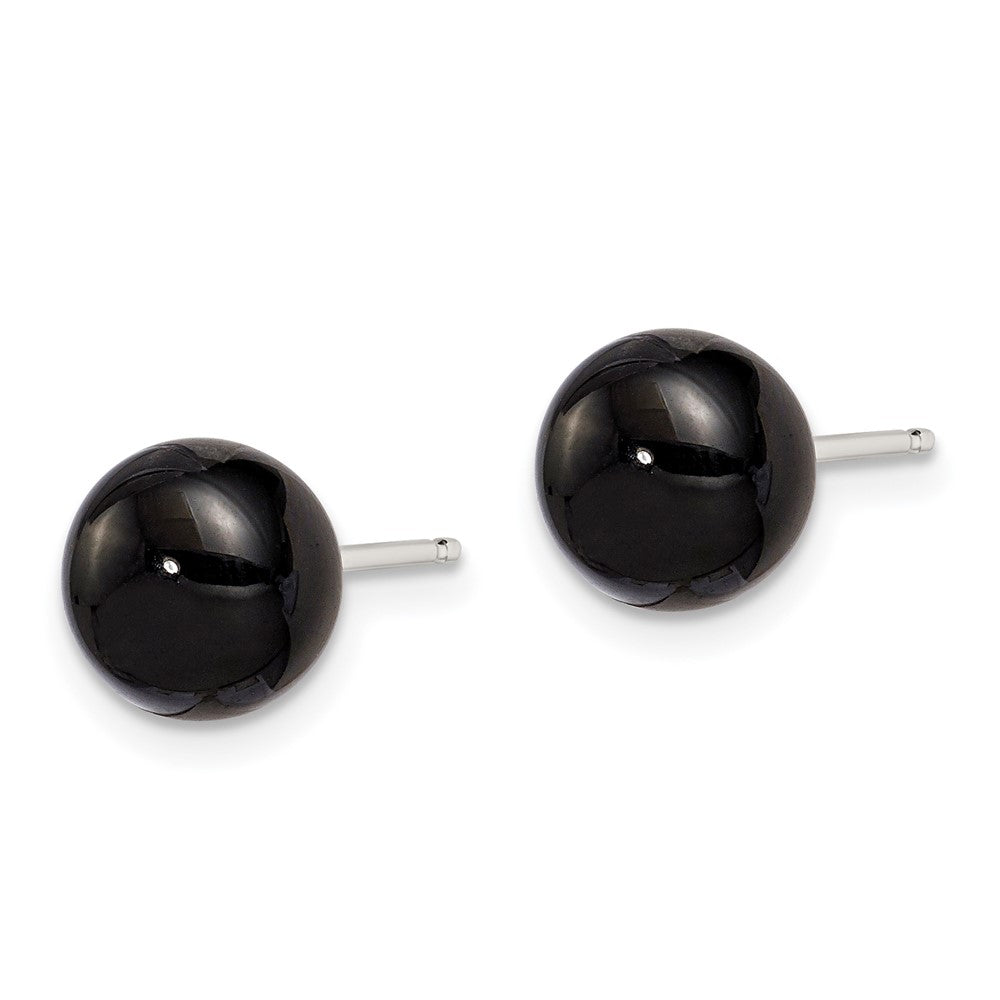 Sterling Silver 8-8.5mm Button Black Agate Post Earrings