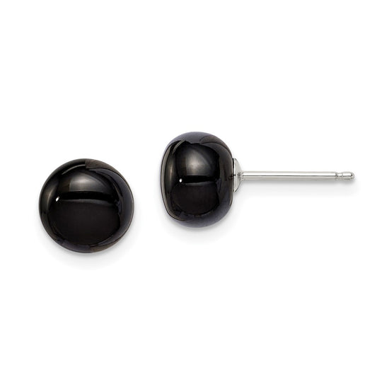 Sterling Silver 8-8.5mm Button Black Agate Post Earrings