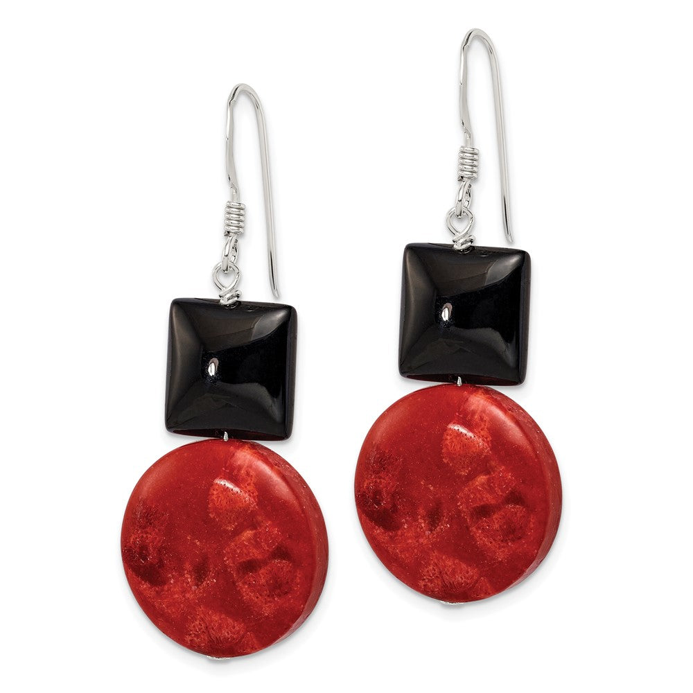 Sterling Silver Black Agate and Reconstituted Red Coral Earrings